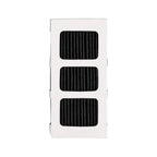 Rectangular white object with three black rectangular pads on a white background