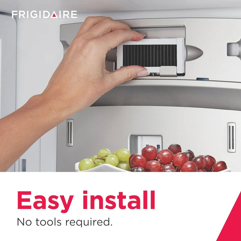 Hand installing a refrigerator filter with 'Frigidaire' branding and text 'Easy install, No tools required.'