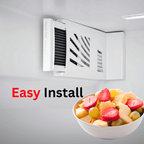 Ventilation system with 'Easy Install' text and a bowl of fruit on a gray background