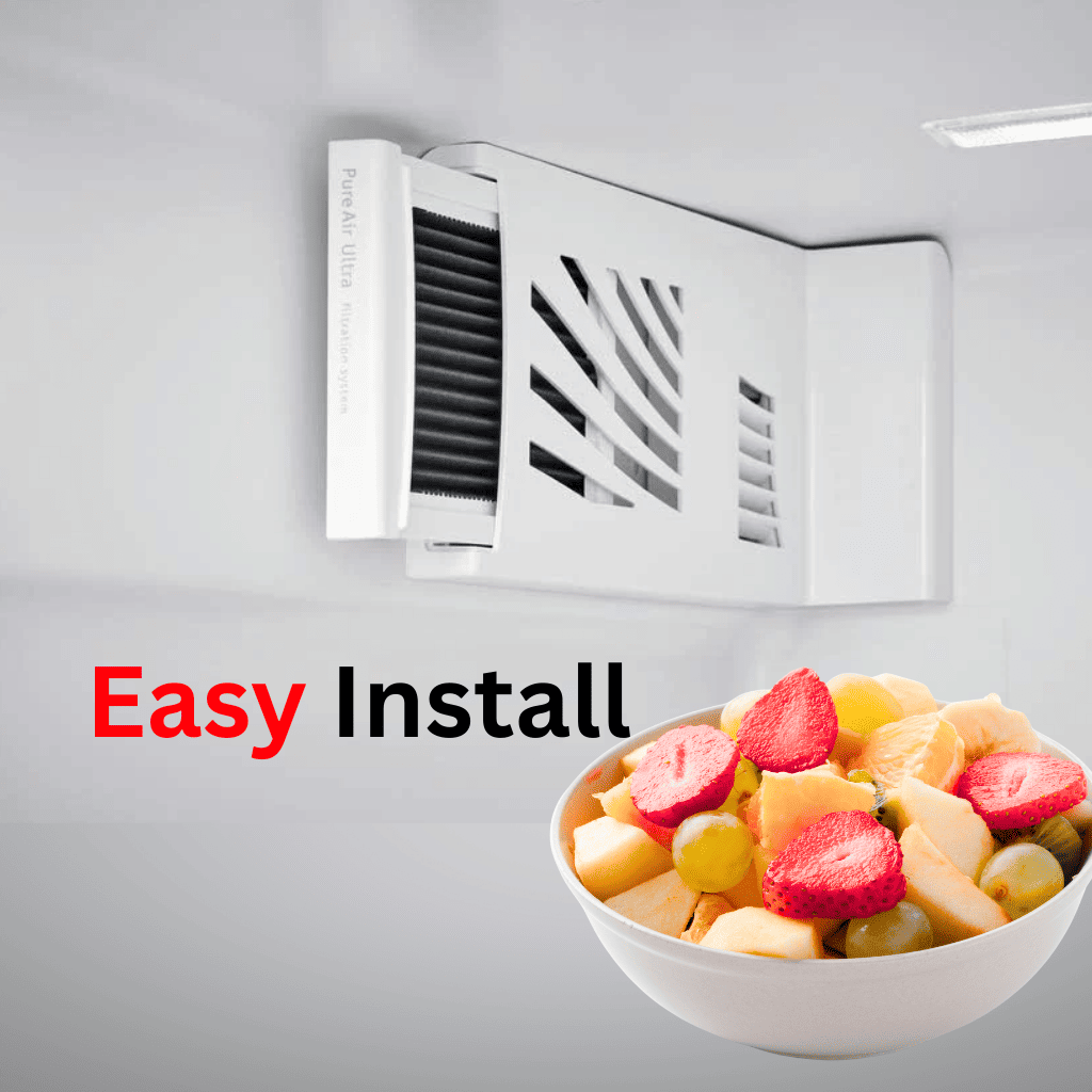 Ventilation system with 'Easy Install' text and a bowl of fruit on a gray background
