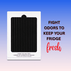 Packaging of black refrigerator odor absorbers with promotional text on a gradient blue and purple background.