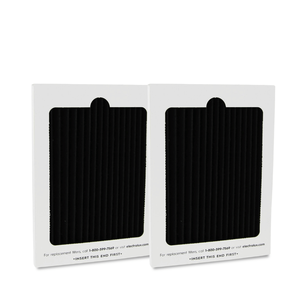 Two black filters in packaging on a white background