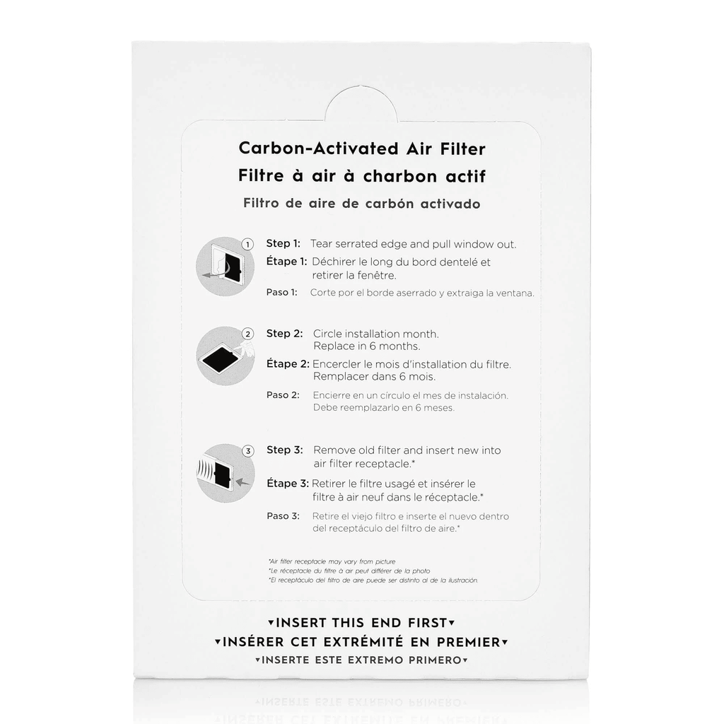 Carbon-activated air filter packaging with installation instructions on a white background