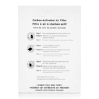 Carbon-activated air filter packaging with installation instructions on a white background