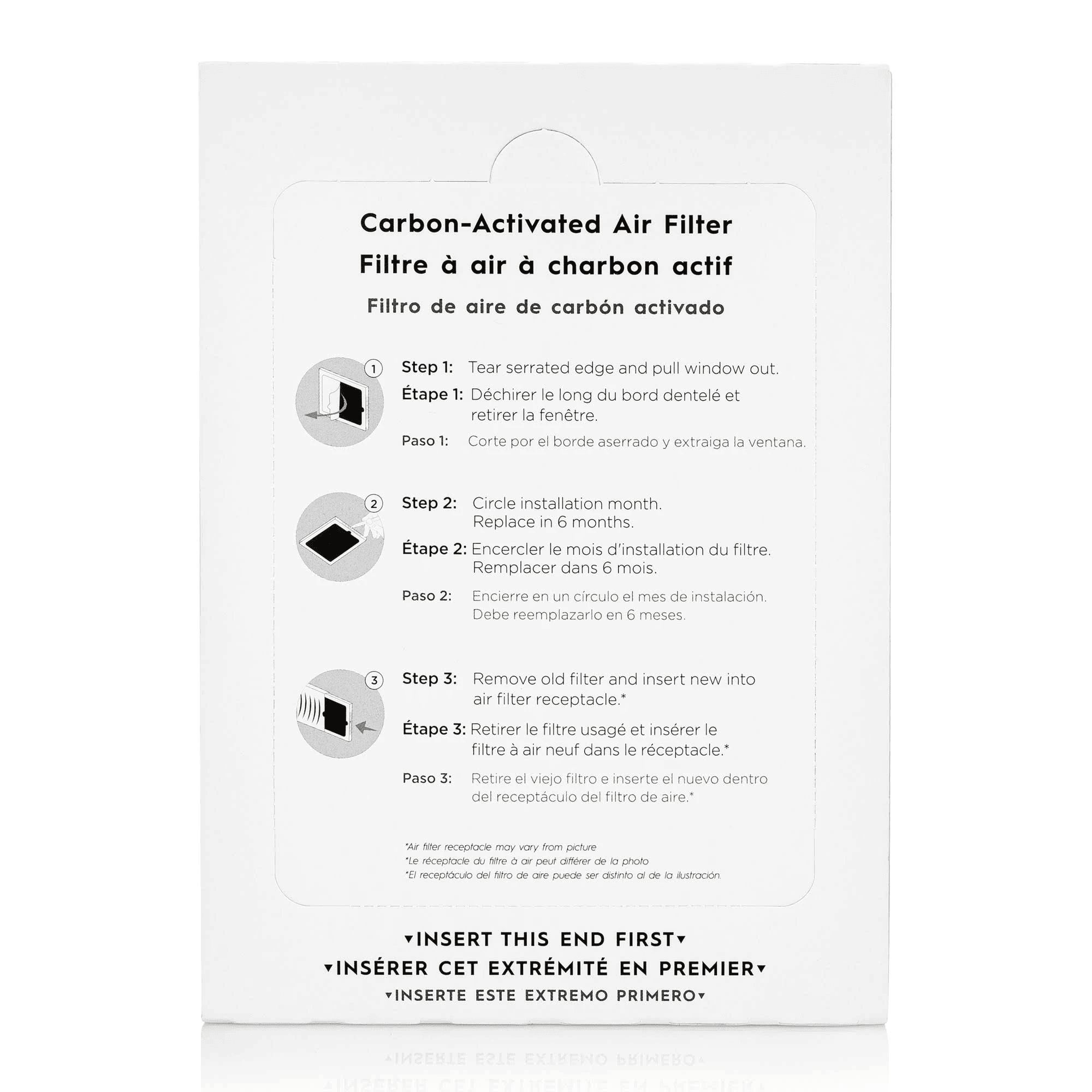 Carbon-activated air filter packaging with installation instructions on a white background