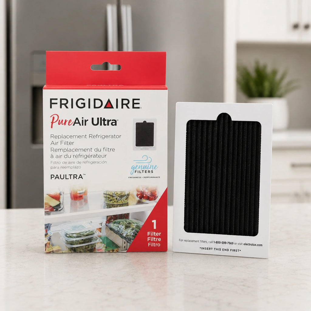 Frigidaire PAULTRA PureAir Ultra refrigerator air filter replacement cartridge with retail box packaging displayed on kitchen countertop background