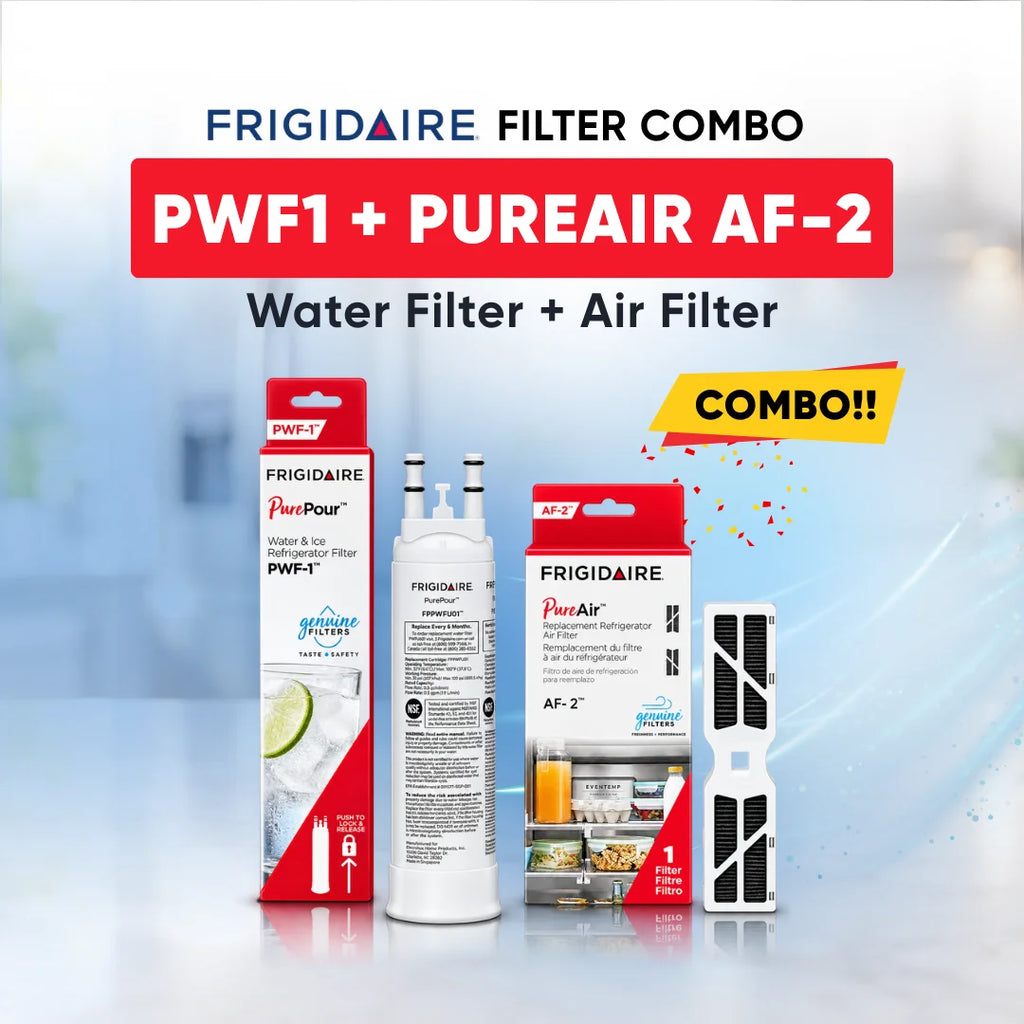 Frigidaire PurePour PWF-1 water filter and PureAir AF-2 refrigerator air filter combo with retail packaging.