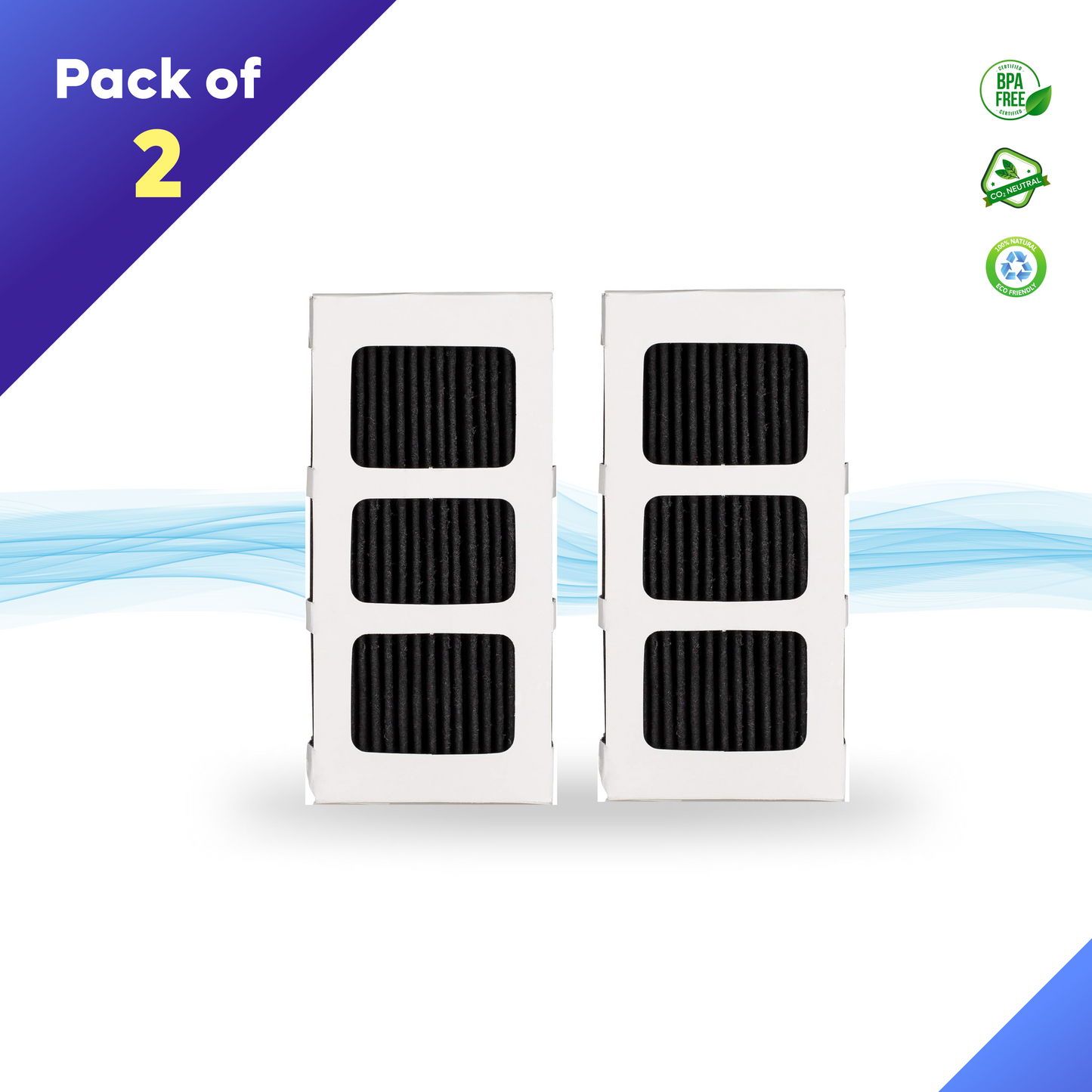 Two Frigidaire Pure Air Ultra II Refrigerator Air Filter white boxes with 'Pack of 2' text and green recycling symbols on a white background.