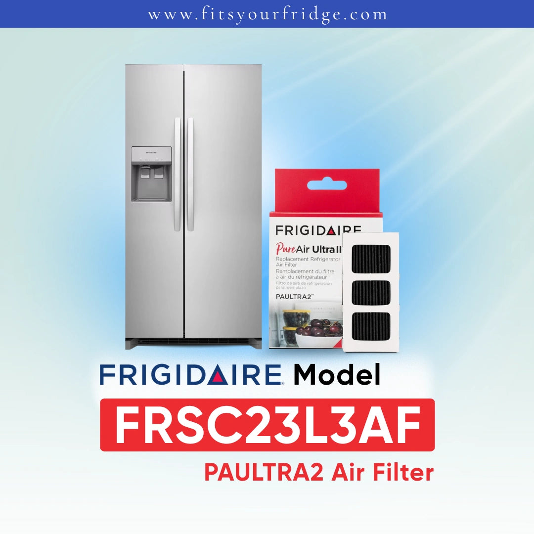 Frigidaire FRSC23L3AF refrigerator with Paultra2 air filter packaging on a gradient blue background