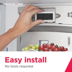 Hand installing a refrigerator filter with 'Frigidaire' branding and text 'Easy install, No tools required.'