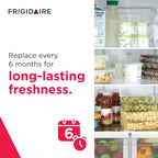 Fridge with food items and Frigidaire advertisement on a white background