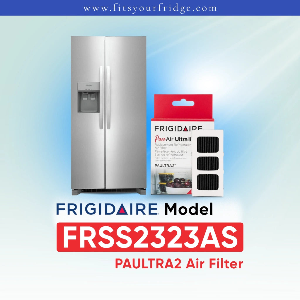 Frigidaire FRSS2323AS stainless steel refrigerator with PAULTRA2 PureAir Ultra II air filter replacement and packaging.