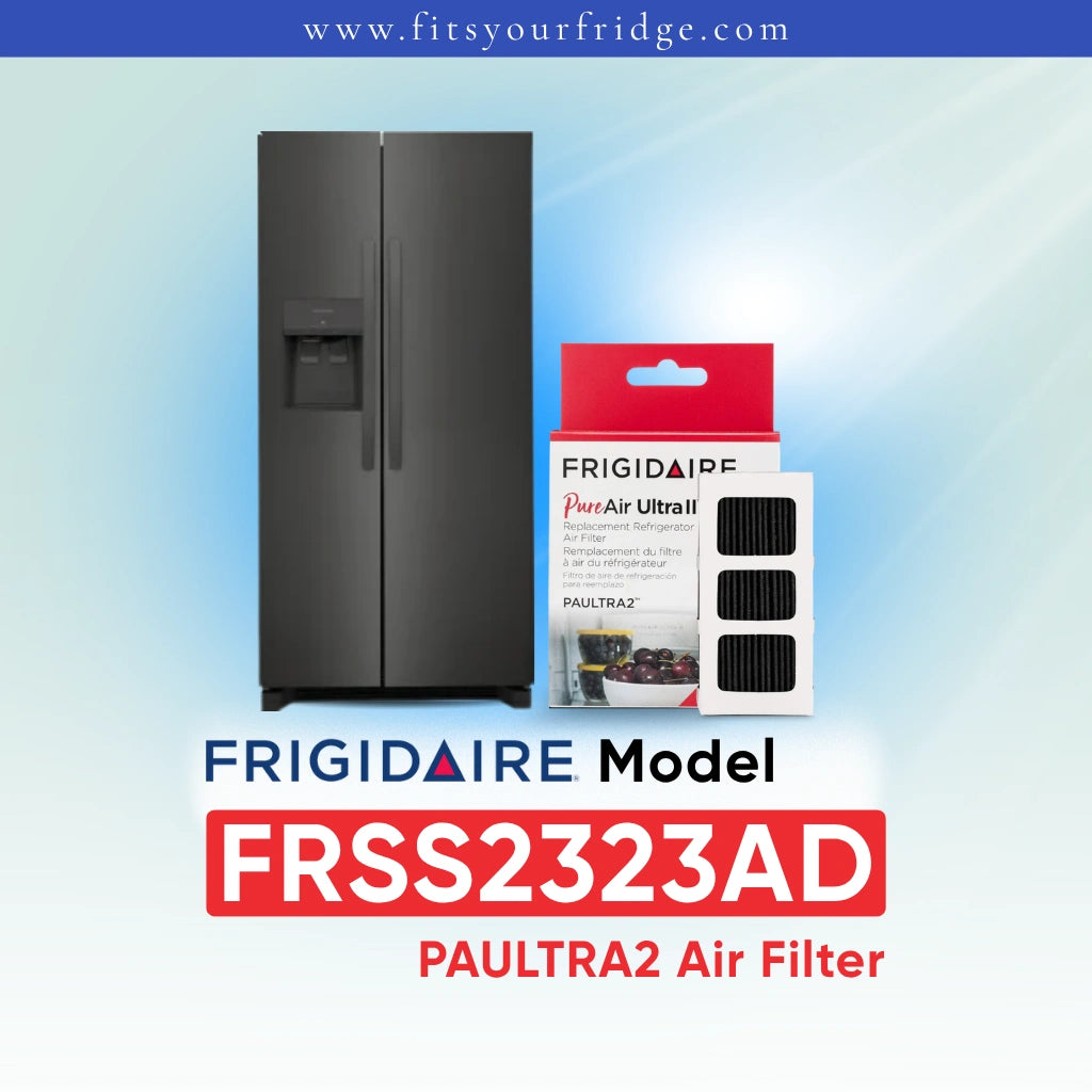 Frigidaire FRSS2323AD refrigerator with PAULTRA2 PureAir Ultra II air filter replacement and packaging.