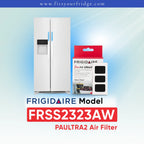 Frigidaire FRSS2323AW refrigerator with Paultra2 air filter packaging on a gradient blue background