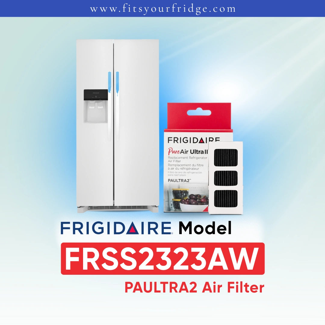 Frigidaire FRSS2323AW refrigerator with Paultra2 air filter packaging on a gradient blue background