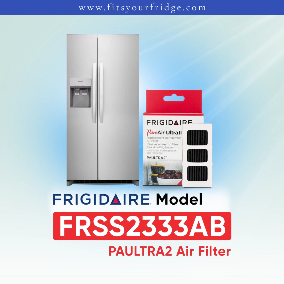 Frigidaire FRSS2333AB 
refrigerator with Paultra2 air filter packaging on a blue gradient background