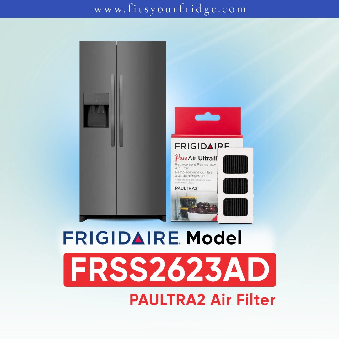 Frigidaire FRSS2623AD refrigerator with Paultra2 air filter packaging on a gradient blue background