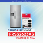 Frigidaire FRSS2623AS refrigerator with Paultra2 air filter packaging on a blue gradient background