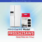 Frigidaire FRSS2623AW5 air filter packaging with a refrigerator on a gradient blue background
