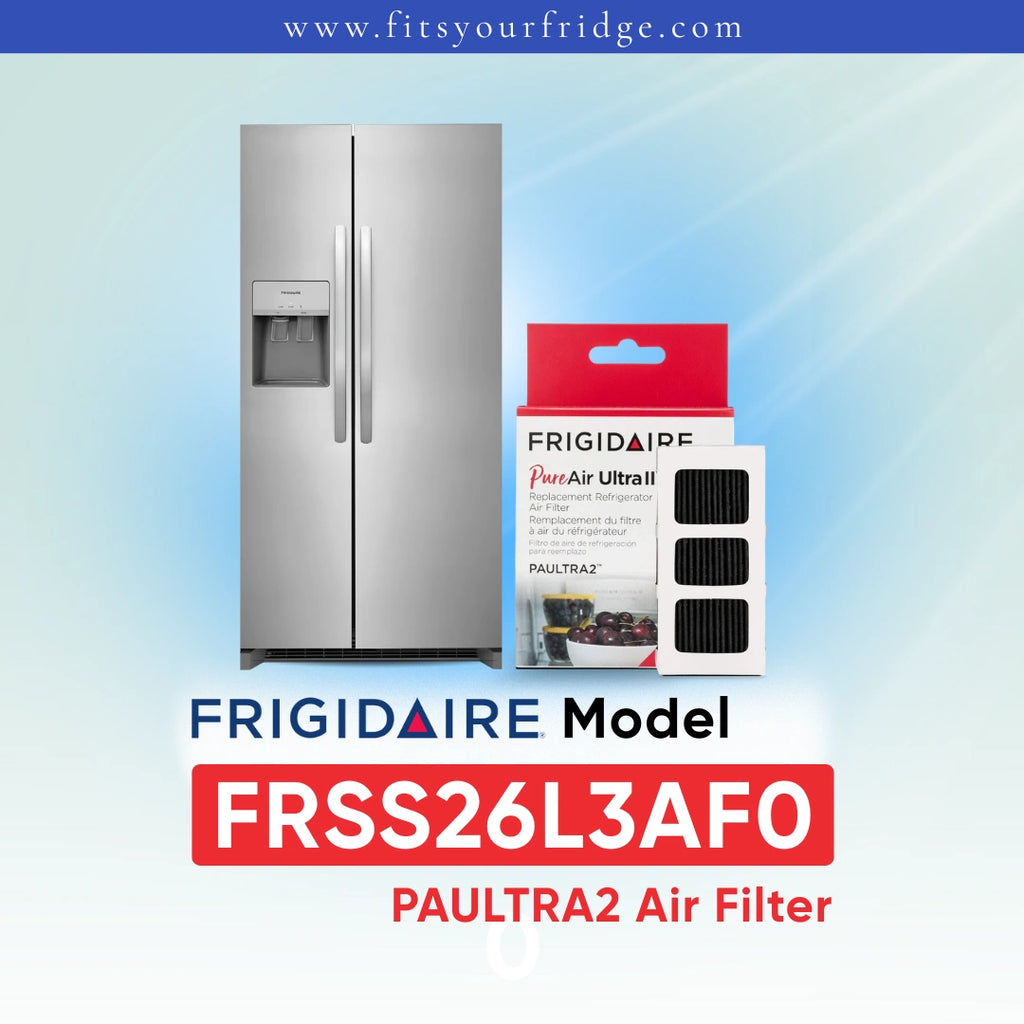Frigidaire FRSS26L3AF0 air filter packaging with a refrigerator on a gradient blue background