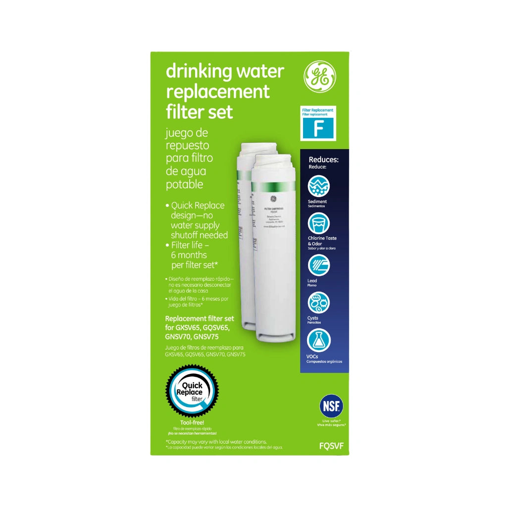 GE drinking water replacement filter set packaging on a white background
