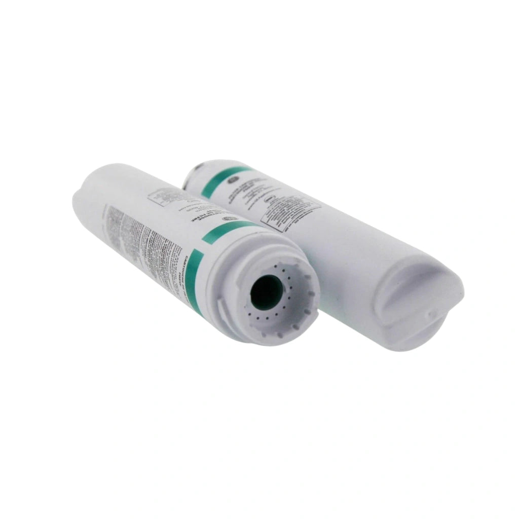 Two white cylindrical filters with text and a central black circle on a white background