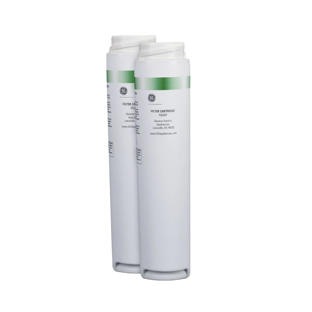 Two GE water filter cartridges on a white background