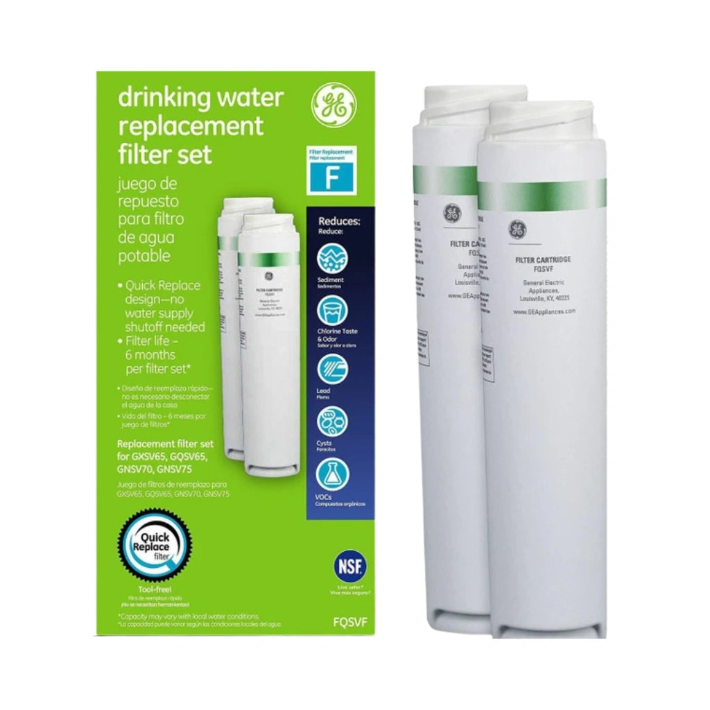 GE drinking water replacement filter set with packaging on a white background