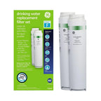 GE drinking water replacement filter set with packaging on a white background