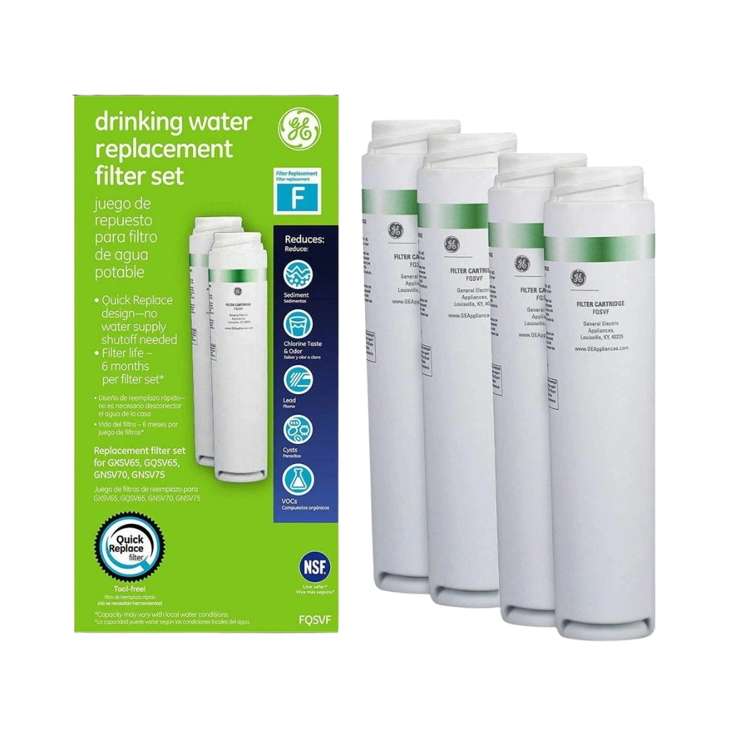 GE drinking water replacement filter set with packaging on a white background