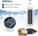 Water filter with coconut carbon block and lead-free filter housing, featuring PERCOLA branding.