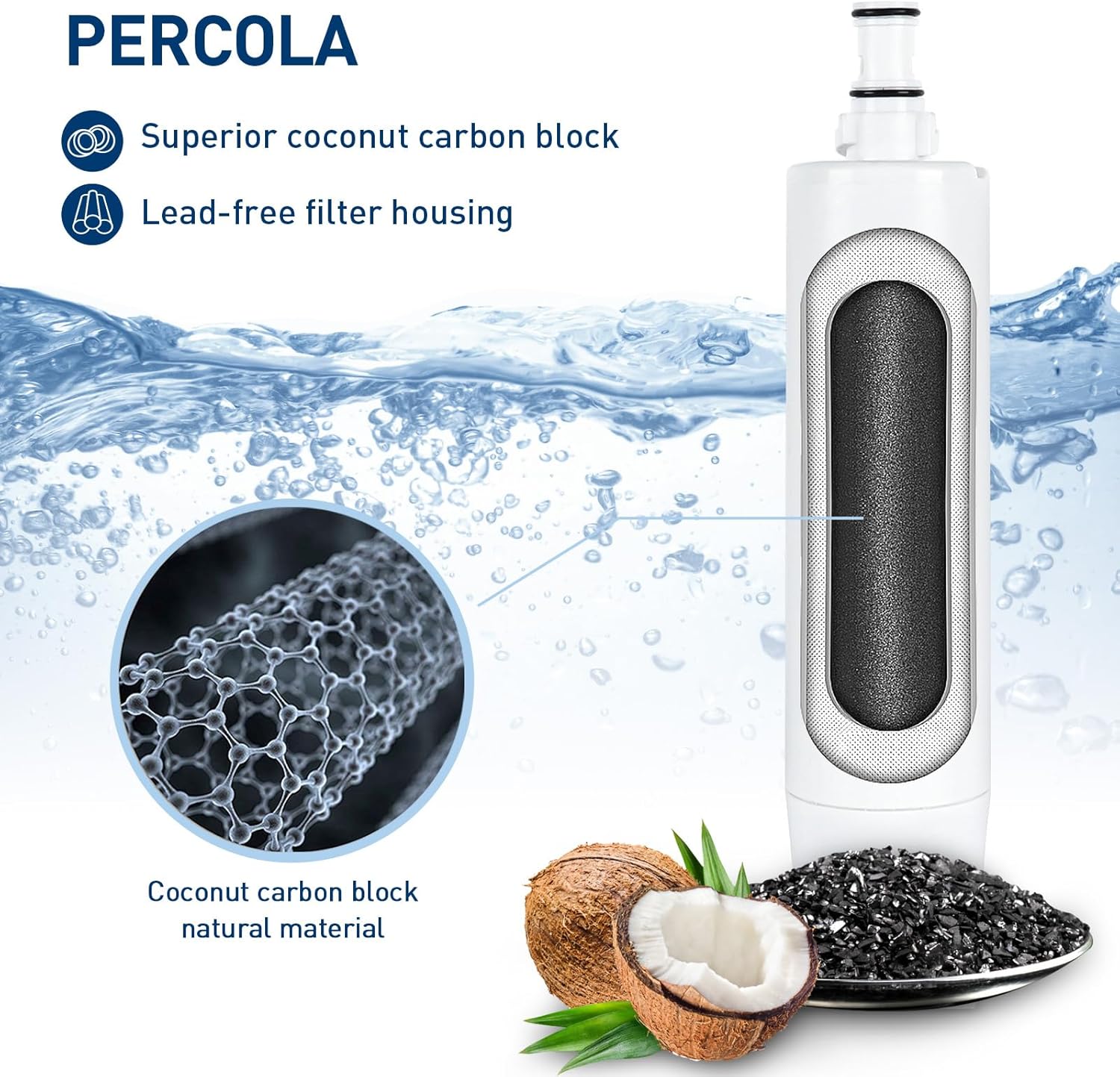Water filter with coconut carbon block and lead-free filter housing, featuring PERCOLA branding.