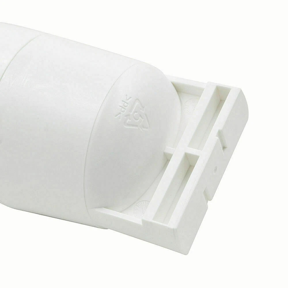 White plastic component with a logo on a white background