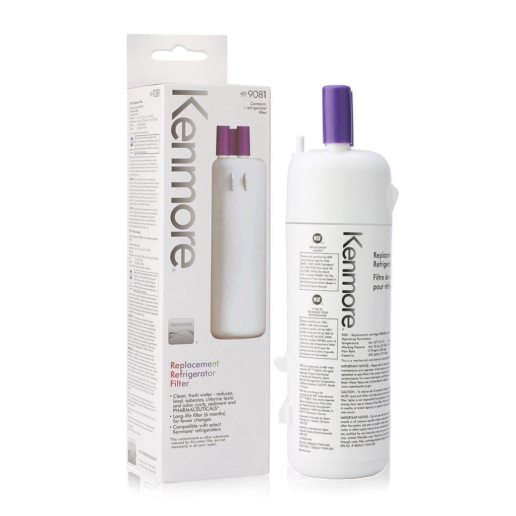 Kenmore replacement refrigerator filter with packaging on a white background