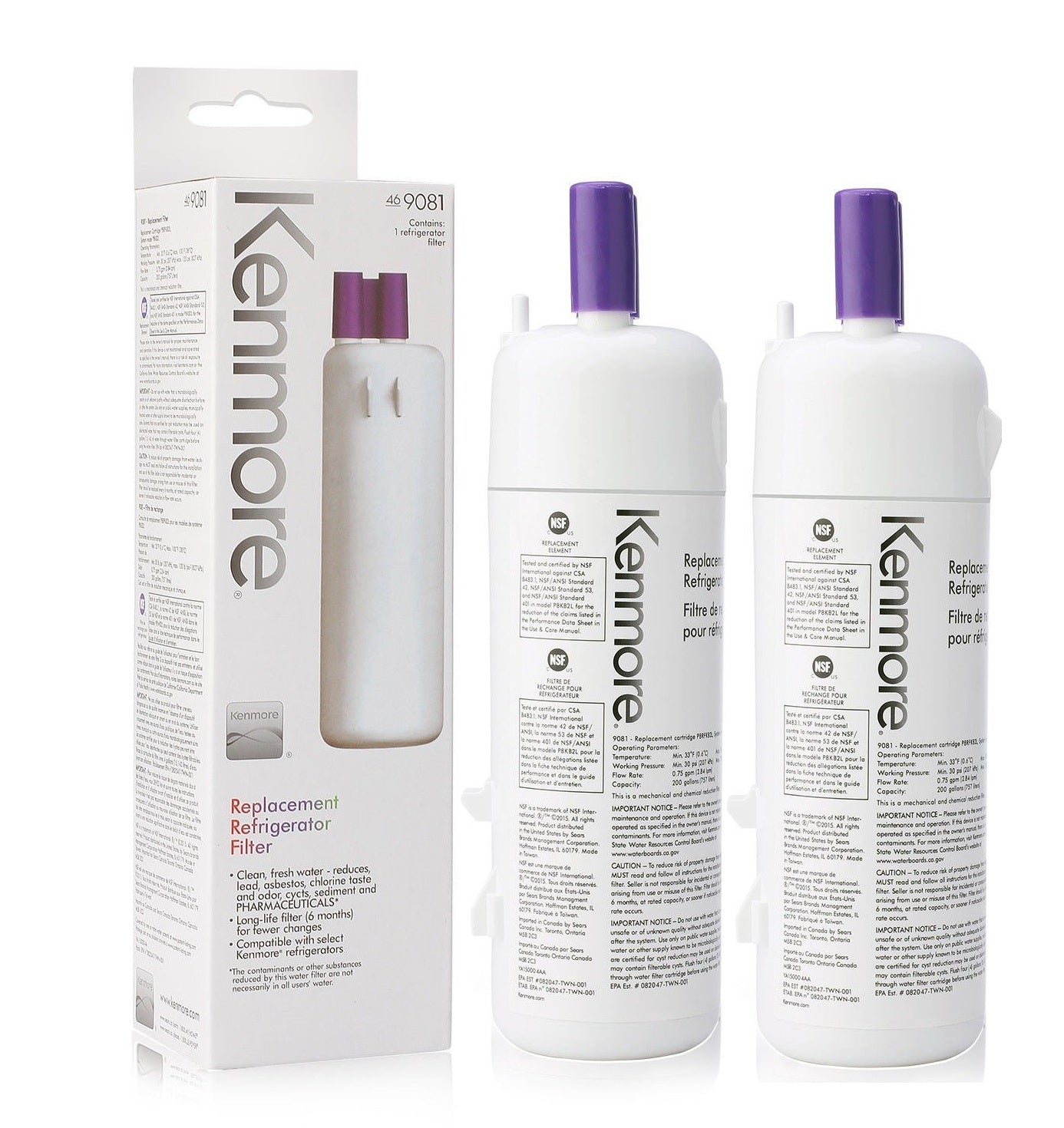 Kenmore replacement refrigerator filter with packaging on a white background