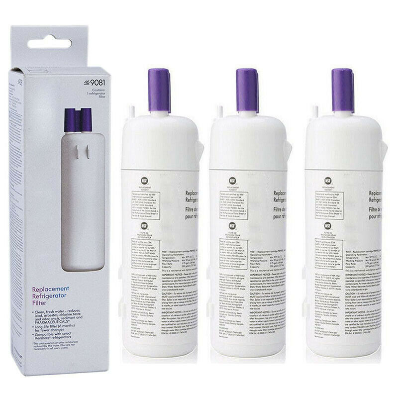 Replacement refrigerator filter with packaging on a white background