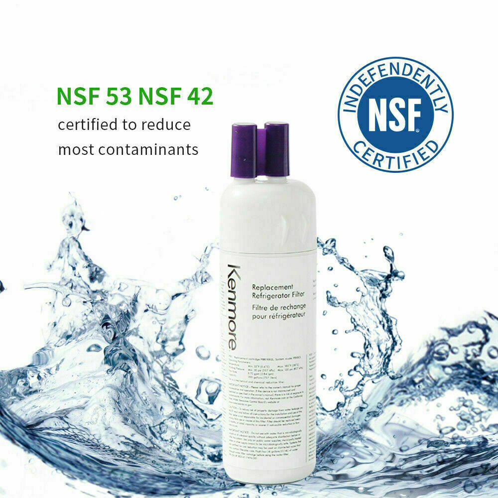 Kenmore refrigerator filter with water splash and NSF certification logo on a white background