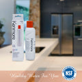 Kenmore water filter bottle and packaging on a kitchen counter with NSF certification logo.