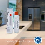 Kenmore water filter bottle and packaging on a kitchen counter with NSF certification logo.