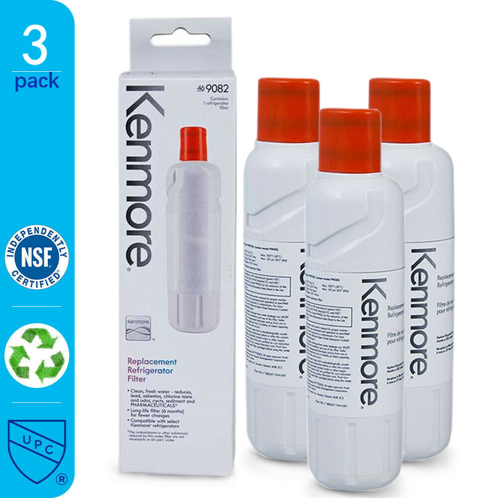 Three Kenmore replacement refrigerator filters with packaging on a white background