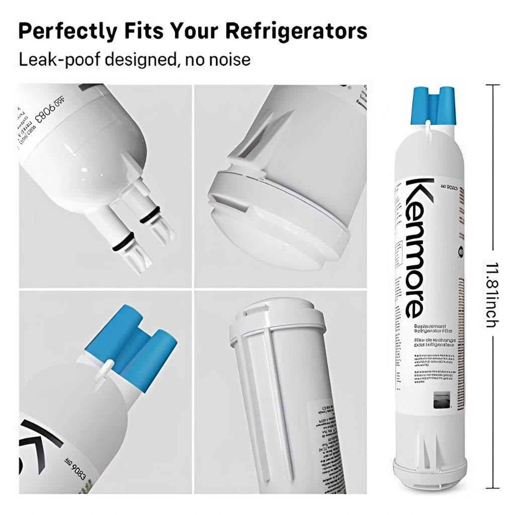 Kenmore water filter with dimensions and features highlighted on a white background