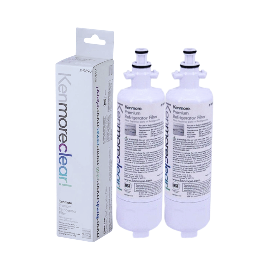Two Kermore refrigerator filters with packaging on a white background