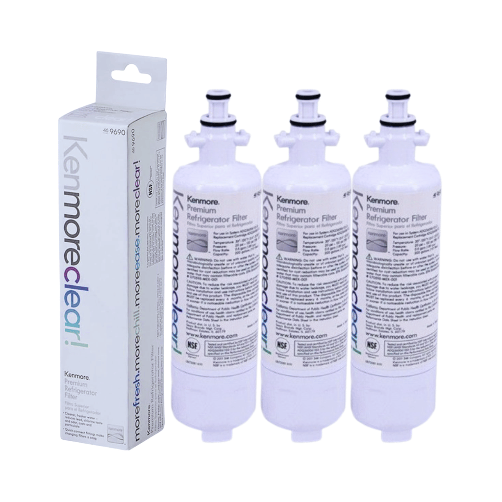 Three Kenmore refrigerator water filters and their packaging on a white background