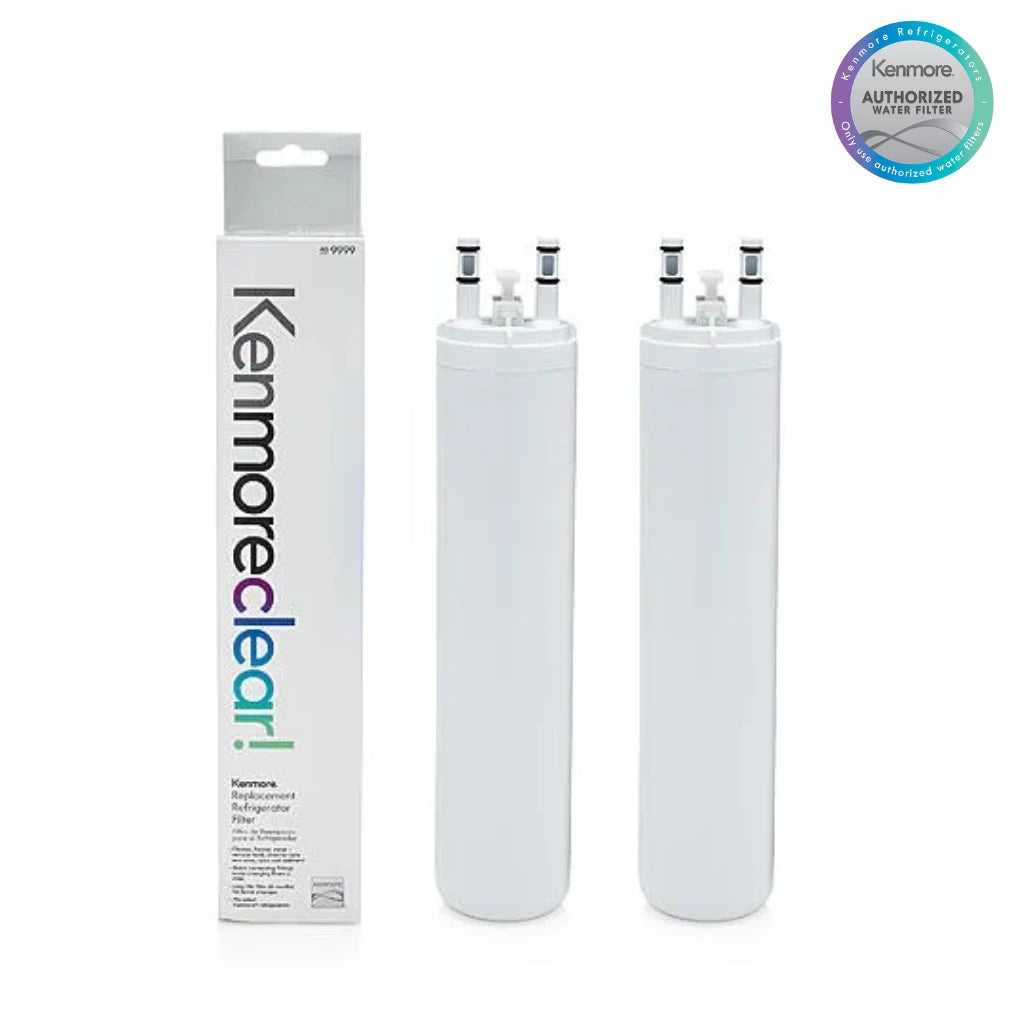 Two Kenmore refrigerator water filters with packaging on a white background