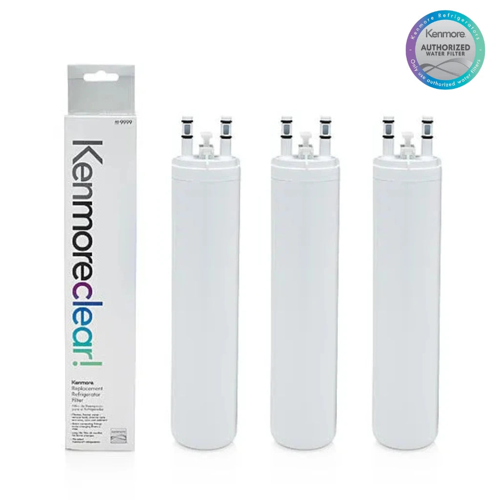 Three Kenmore refrigerator water filters with packaging on a white background