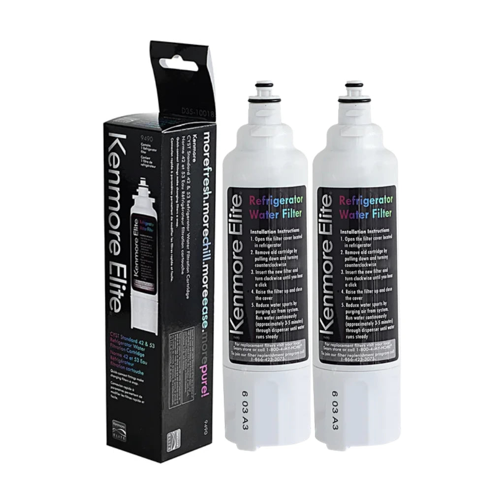 Two Kenmore Elite refrigerator water filters with packaging on a white background