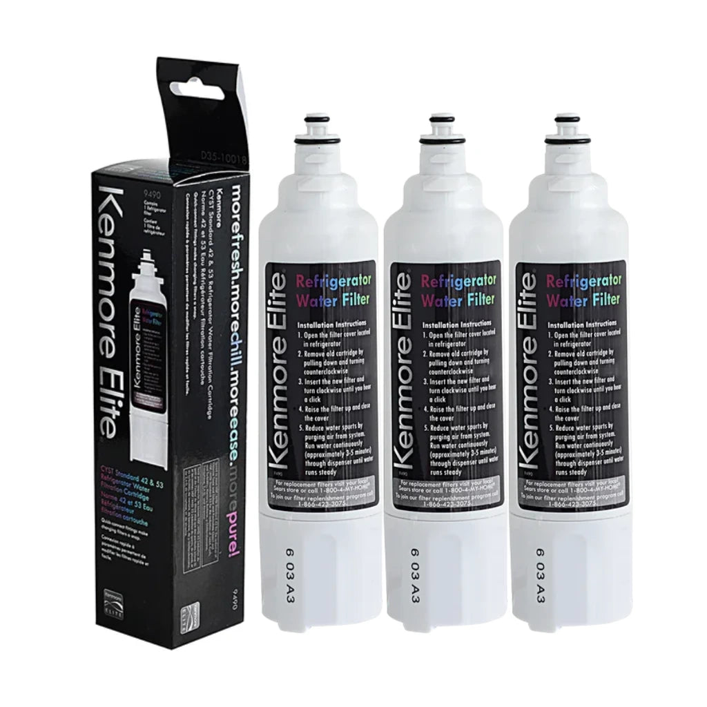 Three Kenmore Elite refrigerator water filters with packaging on a white background