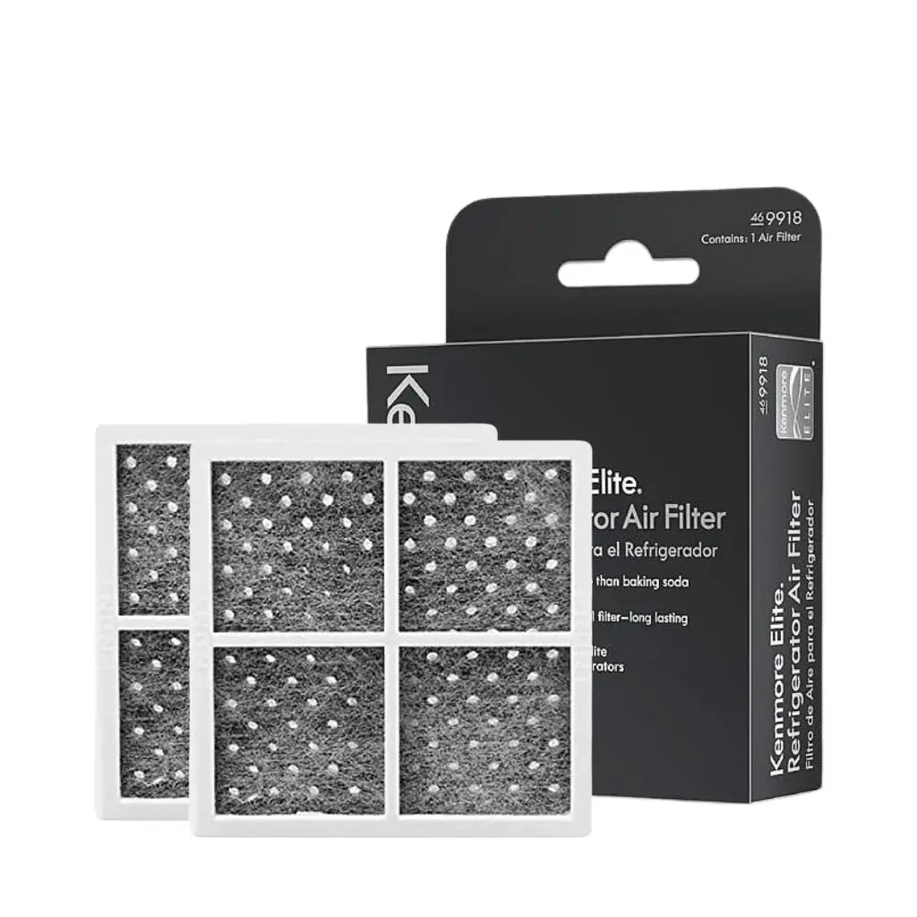 Kenmore Elite refrigerator air filter packaging with filter inside on a white background