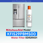 KitchenAid water filter bottle next to a stainless steel refrigerator, with text reading 'KitchenAid Model KFIS29PBMS00 Water Filter EDR2RXD1' on a pale blue background.