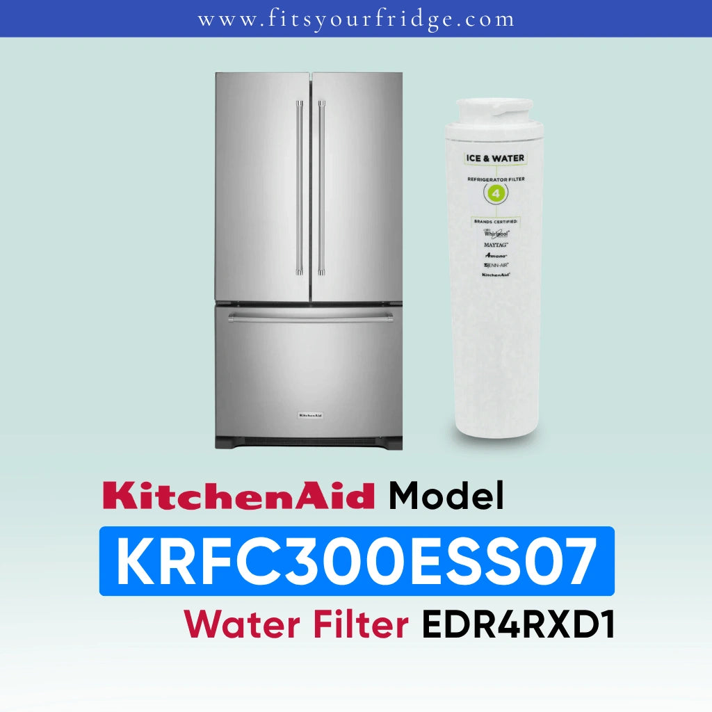 A stainless steel KitchenAid refrigerator shown next to a white cylindrical water filter cartridge on a pale blue-green background, with text reading 'KitchenAid Model KRFC300ESS07 Water Filter EDR4RXD1' and the website 'www.fitsyourfridge.